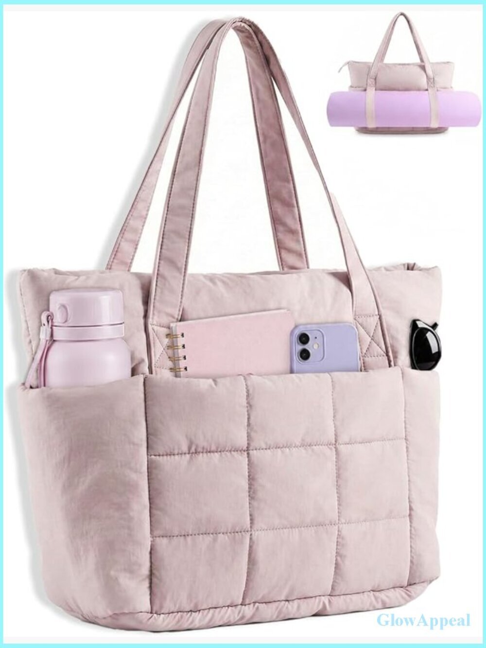 Quilted Puffer Tote Bag with Laptop Sleeve, Work Handbag, Yoga Mat Strap,